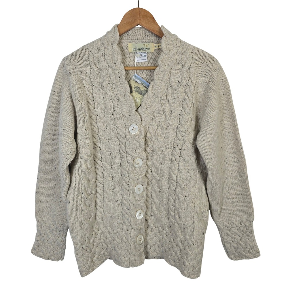 Irelandseye Irish Wool Cashmere Fisherman Aran Cable Knit Cardigan XL Natural